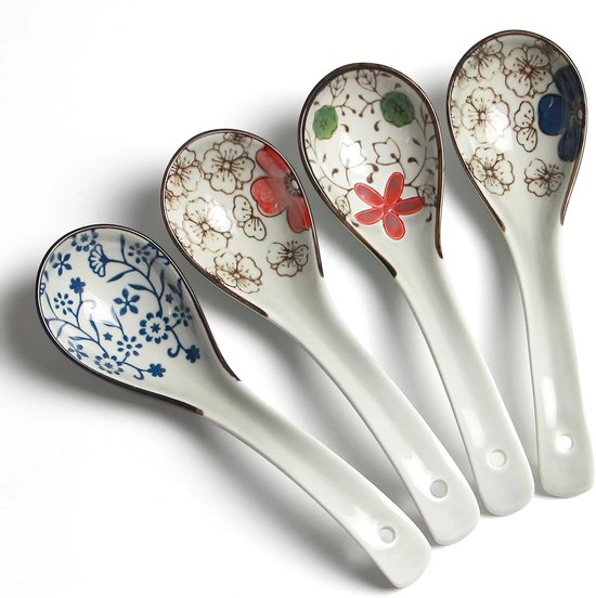 Set Aus 4 Gemusterten Keramiklöffeln, Japanische Porzellan Suppenlöffel, Lange Griffe, Asiatische Suppenlöffel