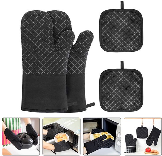 Ofenschutzhandschuhset (4 Teilig), Bestehend Aus Ofenhandschuhen Und Schutzmatte, Mit Rutschfester Silikonoberfläche, Schwarz