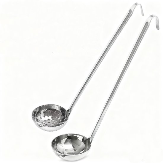Zweiteiliges Set Suppenkelle Und Sieb Aus Edelstahl Mit Haken Zum Einhängen Am Topfrand Suppenkelle, Porridgelöffel, Dicker Küchenlöffel 25 Cm