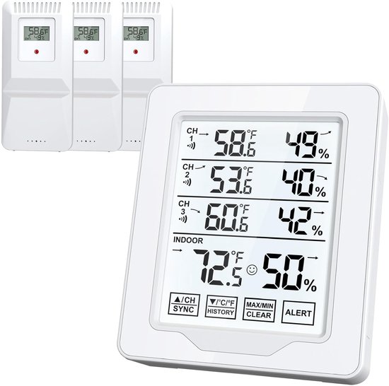 Kabelloses Innen Und Außenthermometer Mit 3 Näherungssensoren, Digitalem Temperatur Und Feuchtigkeitsmesser Mit Einer Reichweite Von 150 M, Tempe