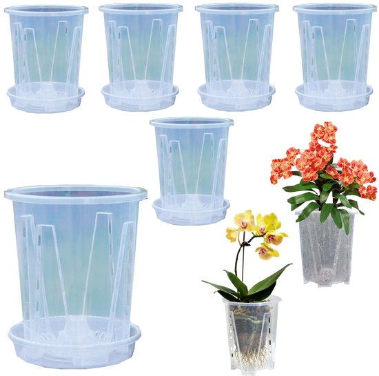 Set Mit 6 Blumentöpfen Pflanztöpfe Spezielle Orchideentöpfe Hydroponiktöpfe Mit Abflusslöchern Inklusive Untersetzer Für Grünlilien, Orchideen, S
