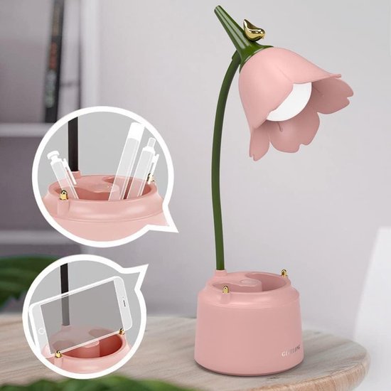 Rosa Blumen Schreibtischlampe Wiederaufladbare Led Kinderlampe Flexibler Schwanenhals Und Stufenlose Dimmung 3 Farbmodi Mit Usb Anschluss Silikon