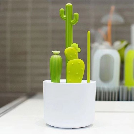 4 Teiliges Flaschenbürsten Set „cactus“ Flaschenbürste, Saugerbürste, Detailbürste Und Strohhalmbürste Baby Essentials Inklusive Abflussorganizer