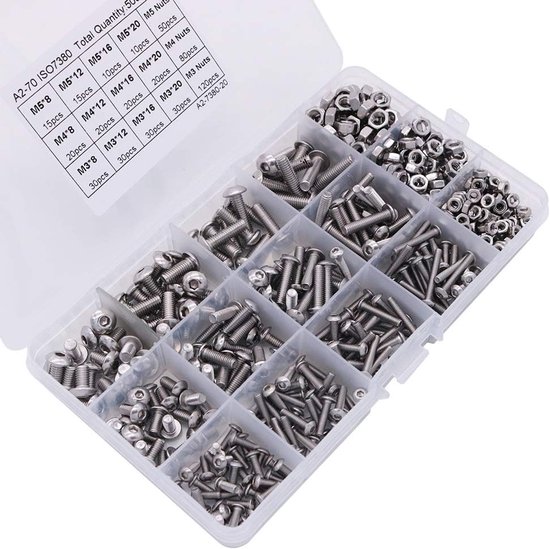 Schachtel Mit 500 Stück M3 M4 M5 Maschinenschrauben Und Muttern Aus Edelstahl 304, Set Mit Rundkopf , Sechskantschrauben, Befestigungselementen U