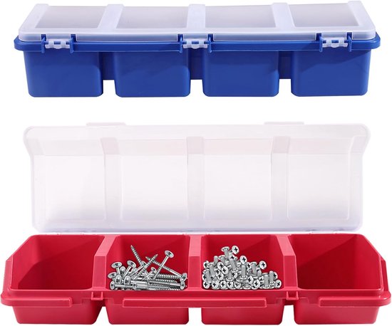 Schraubenorganizer Kleinteilebox Mit Deckel Stapelbar Robustes Kunststoffgehäuse 4 Fächer (blau Und Rot) 2 Teiliges Set Für Werkbank Und Werkzeug