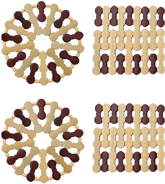 Topfuntersetzer 4er Set Untersetzer Topflappen Bambus Rutschfest Rund + Quadratisch Für Pfannen Und Gläser Hellbraun