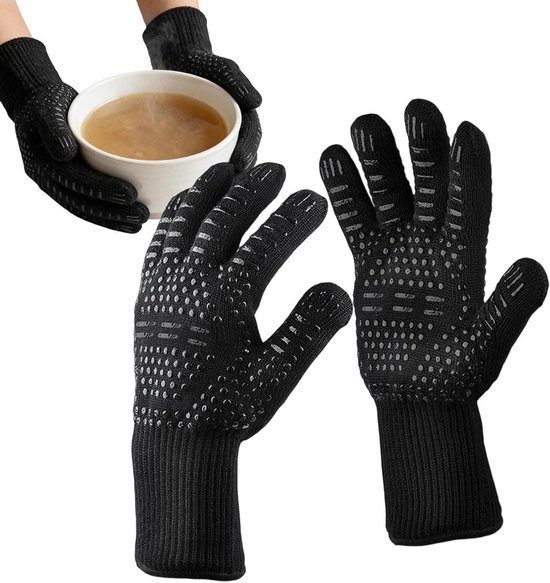 Kochhandschuhe Grillhandschuhe Hitzebeständig Rutschfestes Silikon Verlängerter Schaft Schwarz