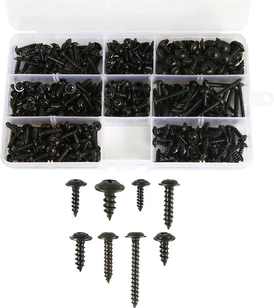 Schrauben Selbstschneidende Schrauben 340 Stück M3, M3,5, M4, M4,8 Kohlenstoffstahl Schwarz Kreuzschlitz Mit Sortimentsbox