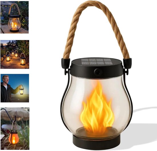 Solar Laterne Für Den Außenbereich (1 Stück) 12 × 13 Cm Solar Laterne Mit Tanzender Flamme Laterne Aus Hanfseil Für Camping, Terrassen, Gärten, P