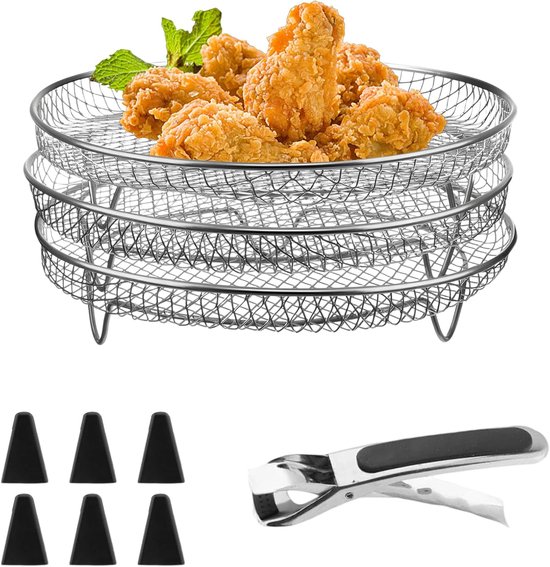 3 Stapelbare Körbe Für Heißluftfritteusen, Edelstahl Körbe, Durchmesser 20 Cm, Mit Silikonfüßen In Hitzeschutzclips, Zum Backen