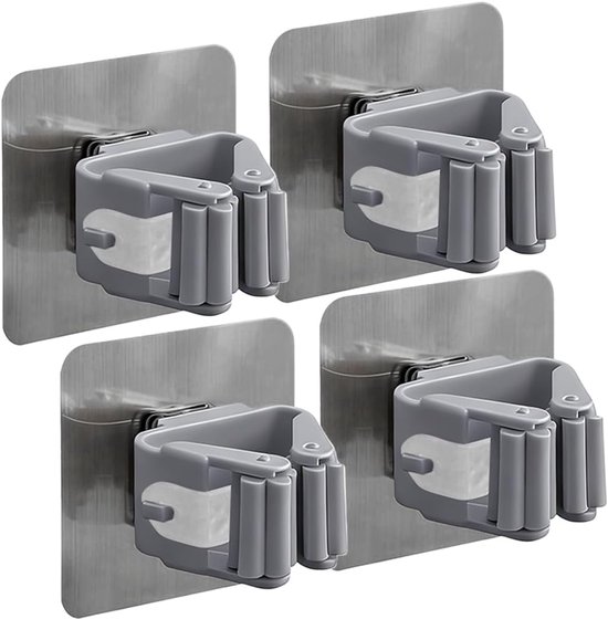 4 Teiliger Wandbesenhalter, Wandbesenhalter, Wandbesenhalter Ohne Bohren, Wandbesenaufhänger, Für Küche, Bad, Garten, Garage (grau)
