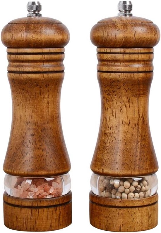 2er Pack Salz Und Pfeffermühlen Set Aus Holz Acrylglasfenster, Keramik, Einstellbarer Mahlgrad (6,5 Zoll)
