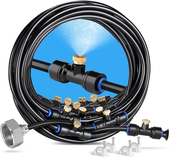 Sprühnebel Kühlsystem 12 M Vormontiertes Set Mit 16 Messingdüsen Und 3/4" Adapter Sprühnebel Für Terrasse, Garten, Haustiere, Garten Und Gewächsh