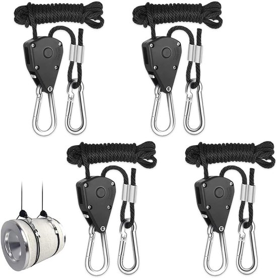 Pendelleuchten – 4 Stück – Verstellbares Seil Mit Ratschenmechanismus, 150 Lb Tragkraft – Pflanzenlampe – 2 M – Für Zimmerpflanzen – Schwarz