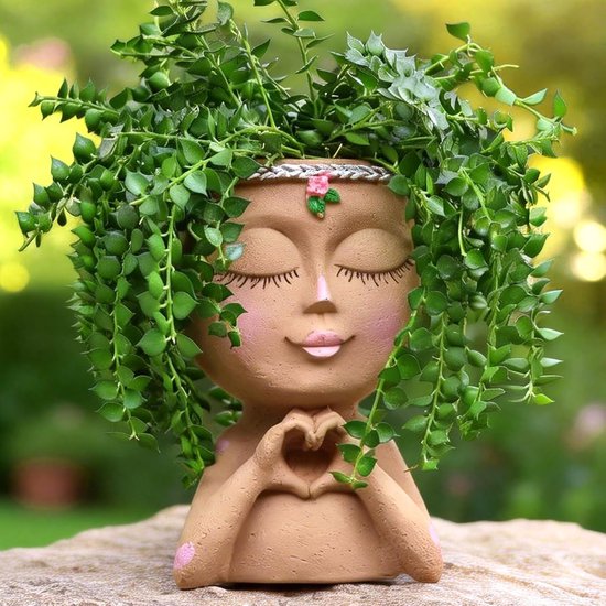 Ein Blumentopf In Form Eines Gesichts Mit Herzförmiger Hand, Ein Zimmerpflanzentopf Mit Harzkopf Und Niedliche Sukkulententöpfe Mit Abflusslöcher