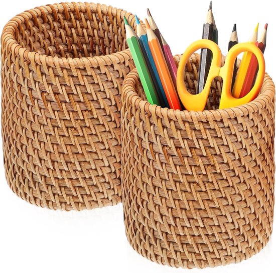 Schreibtisch Organizer Stiftehalter Stiftehalter Aus Holz Und Rattan Multifunktionale Aufbewahrungsbox Für Stifte Und Make Up Pinsel Schubladen O