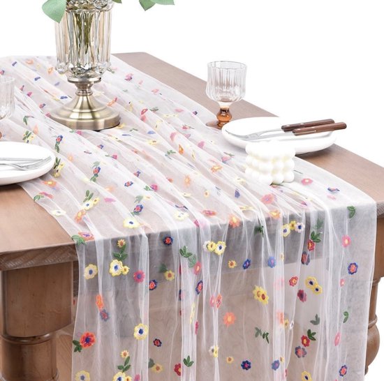 Tischläufer 72 X 300 Cm Weißer Tüll Mit Gestickten Gänseblümchen Eleganter Floraler Tischläufer Für Hochzeiten, Partys Und Tischdekoration