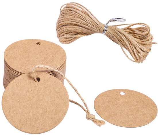 Dailygoods Geschenkanhänger, 50 Stück Runde Etiketten Kraftpapieranhänger 10 M Juteschnur Nachhaltiges Material Vintage Look Geschenkanhänger