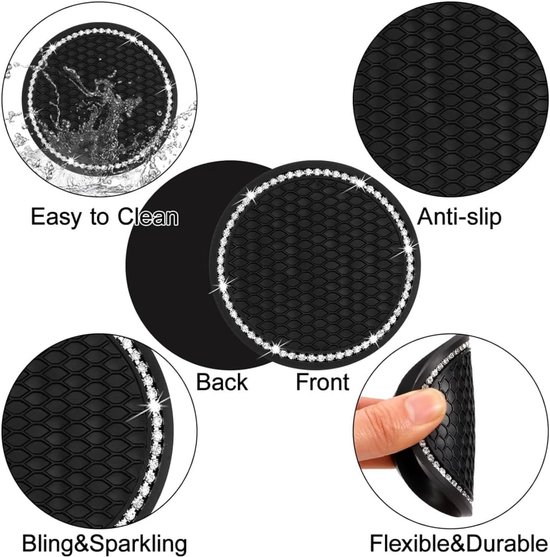 2er Pack Auto Getränkehalter Untersetzer Glitzernde Strasssteine 7 Cm, Universell Für Den Autoinnenraum Schwarz