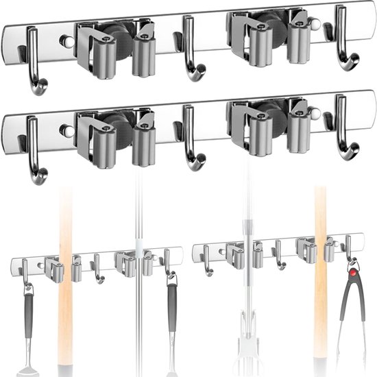 2 Teiliger Besen Und Mopphalter Mopphalter Aus Edelstahl Robuster Besenhalter Aus Edelstahl Mopphalter Mit 2 Ablagen Und 3 Haken Für Küche, Bad,
