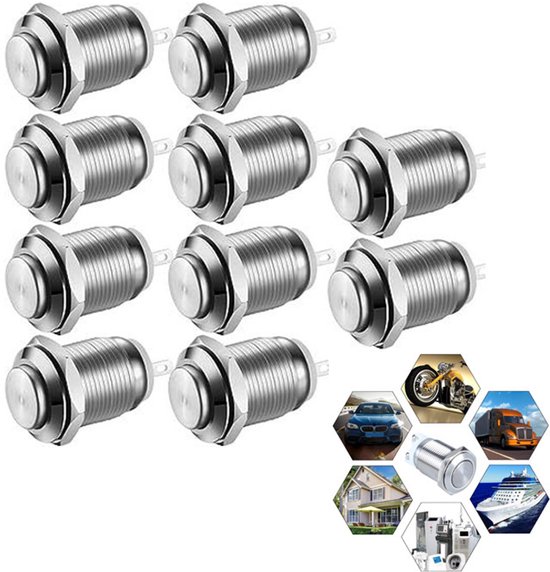 10 Teiliger Metall Drucktaster 12 Mm, Selbstrückstellend Selbstverriegelnd Wasserdicht (schutzart Ip65) Für Gerätesteuerung, Instrumentenbedienun