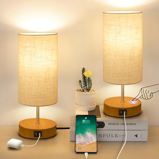 Set Mit 2 Dimmbaren Nachttischlampen Mit Touch Funktion Und Usb Ladeanschlüssen