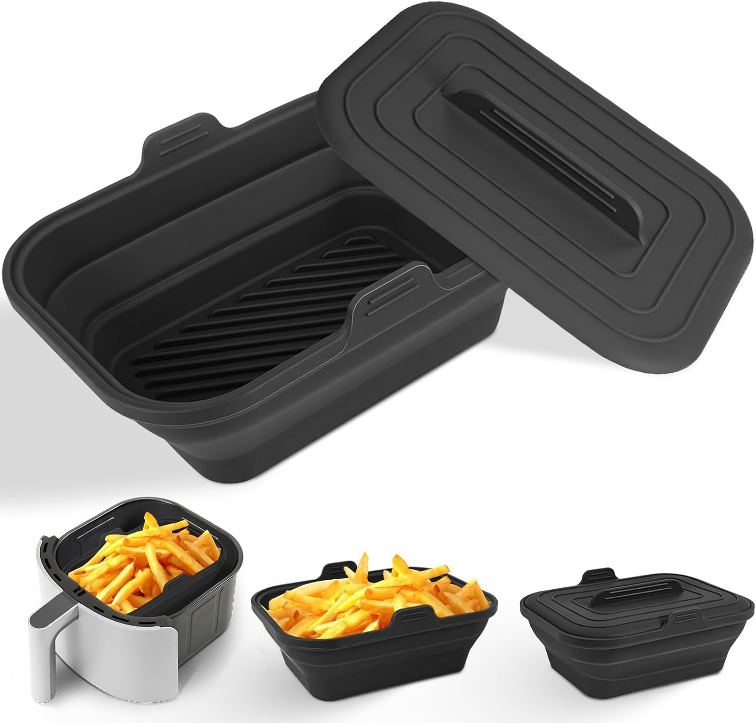 Faltbarer Silikon-airfryer-einsatz (20,8 Cm) Mit Deckel – Airfryer-zubehör – Wiederverwendbar – Für 5,8–8 Liter – Schwarz