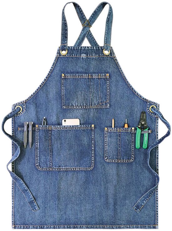 Schürze Jeansschürze Mit Praktischen Taschen Für Friseure, Handwerker, Baristas Und Grillmeister Für Damen Und Herren Blau