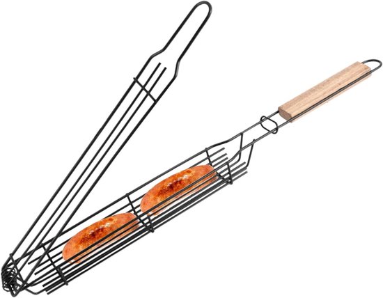 Grillkorb Für Spieße Rollbarer Grillkorb Einfaches Grillen Robustes Metall 44 Cm Länge Holzfarbe