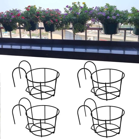 4 Runde Hängeampeln Für Balkon Und Geländer Schwarze Metall Blumentopfhalter