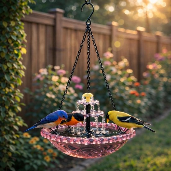 Hängender, Solarbetriebener Vogeltränkenbrunnen Gartenbrunnen Mit Wasserfall Gartendekoration Für Garten, Terrasse Und Rasen Rosa 1 Stück