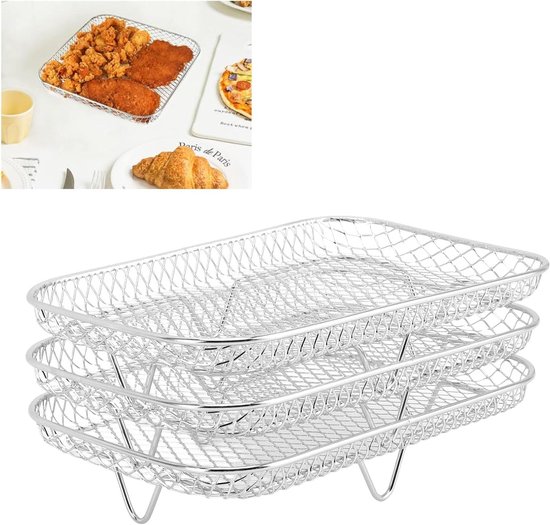 3 Teiliges Kochrost Set Grillrost Für Airfryer Dörrrost Für Airfryer Mehrlagiger Dörrrost Stapelbar Rechteckig Edelstahl Silber 19 X 13 X 9 Cm
