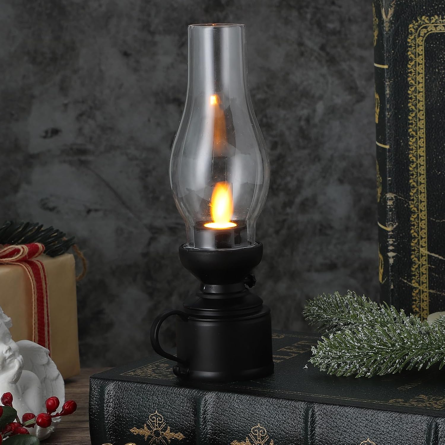 Vintage-tischleuchte Mit Flammenloser Petroleumlampe – Led-laterne – Transparente Sturmlampe – Batteriebetrieben – Für Schlaf- Und Wohnzimmer – Schwarz