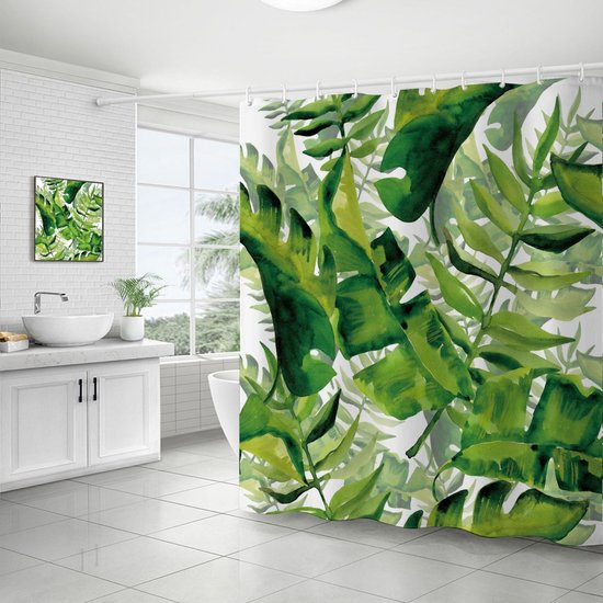 Duschvorhang Mit Schimmelresistentem, Grünem Bananenpalmenblattmuster, Wasserabweisendem Polyestergewebe, Mit Kunststoffhaken 180 X 180 Cm Waschb