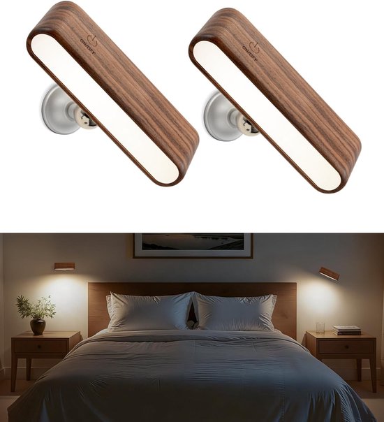 2 Teilige Led Wandleuchte Aus Holz Schwarznuss Magnetisch, 360° Drehbar Wiederaufladbar Einstellbare Helligkeit Für Nachttisch, Flur Und Wohnzimm