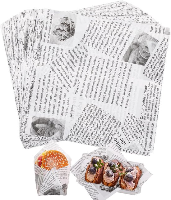 100 Blatt Küchenpapier Mit Zeitungsmuster 18 X 18 Cm Fettabweisendes Papier Lebensmittelecht Für Sandwiches, Burger, Pommes Frites Für Partys Und
