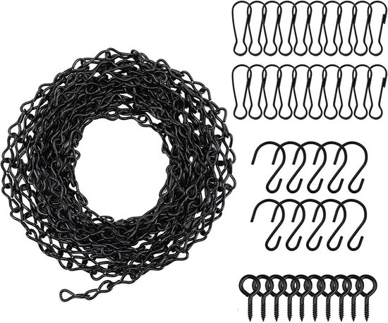 Verstellbare Aufhängeketten 500 Cm 10 Haken, 20 Clips, 10 Ösenhaken Schwarze Stahlkette Für Vogelfutterhäuser, Pflanzgefäße, Werbetafeln