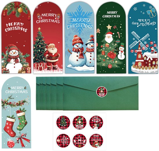 6er Set Weihnachtskarten Postkarten Weihnachtsaufkleber Mit Umschlägen Und Aufklebern Mit Weihnachtsmann, Schneemann Und Weihnachtsbaum Perfektes