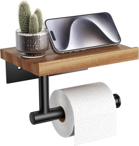 Schwarzer Toilettenpapierhalter Mit Holzablage Wandhalterung Aus Edelstahl Für Badezimmer Und Toilette