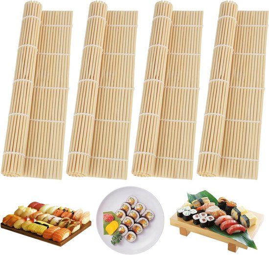 Set Mit 4 Wiederverwendbaren Sushi Matten Aus Bambus, 24 X 24 Cm Für Die Zubereitung Von Sushi, Als Küchenzubehör Und Für Japanische Gerichte