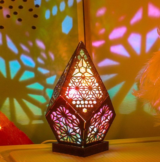 1 Stück Sternenprojektorlampe Stimmungsbeleuchtung Im Bohème Stil Nachttischlampe Aus Holz Mit Geometrischer Laterne Bunte Led Lichter Aus Holz F