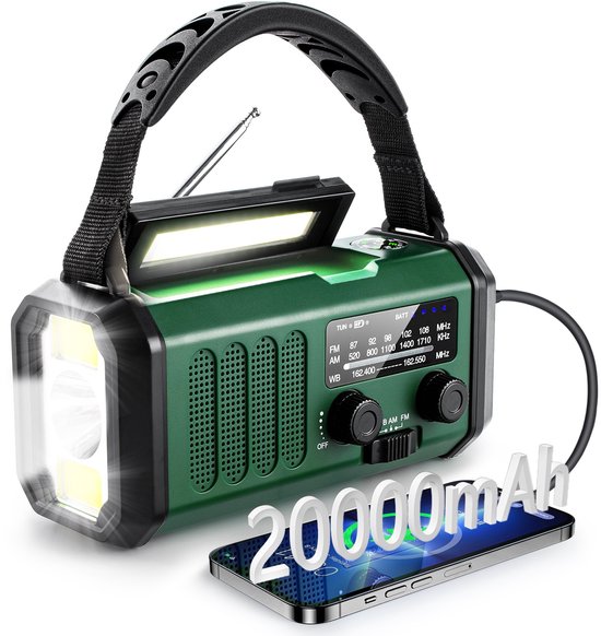 Notfallradio Mit Handkurbel, 20000 Mah Akku Am/fm Wetterradio, Led Taschenlampe Und Leselampe, Sos Alarm Grün