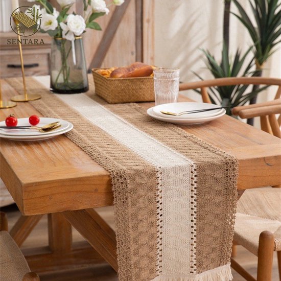 Tischläufer Im Boho Stil Tischläufer Aus Baumwolle Und Jute Mit Fransen 30 X 240 Cm Rustikale Tischdekoration Landhausstil Braun Mit Weiß