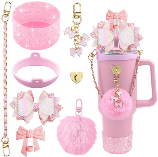 Tassen Accessoires Set Glitzerschleifen Strohhalm Dekorationen Pompon Aufhänger