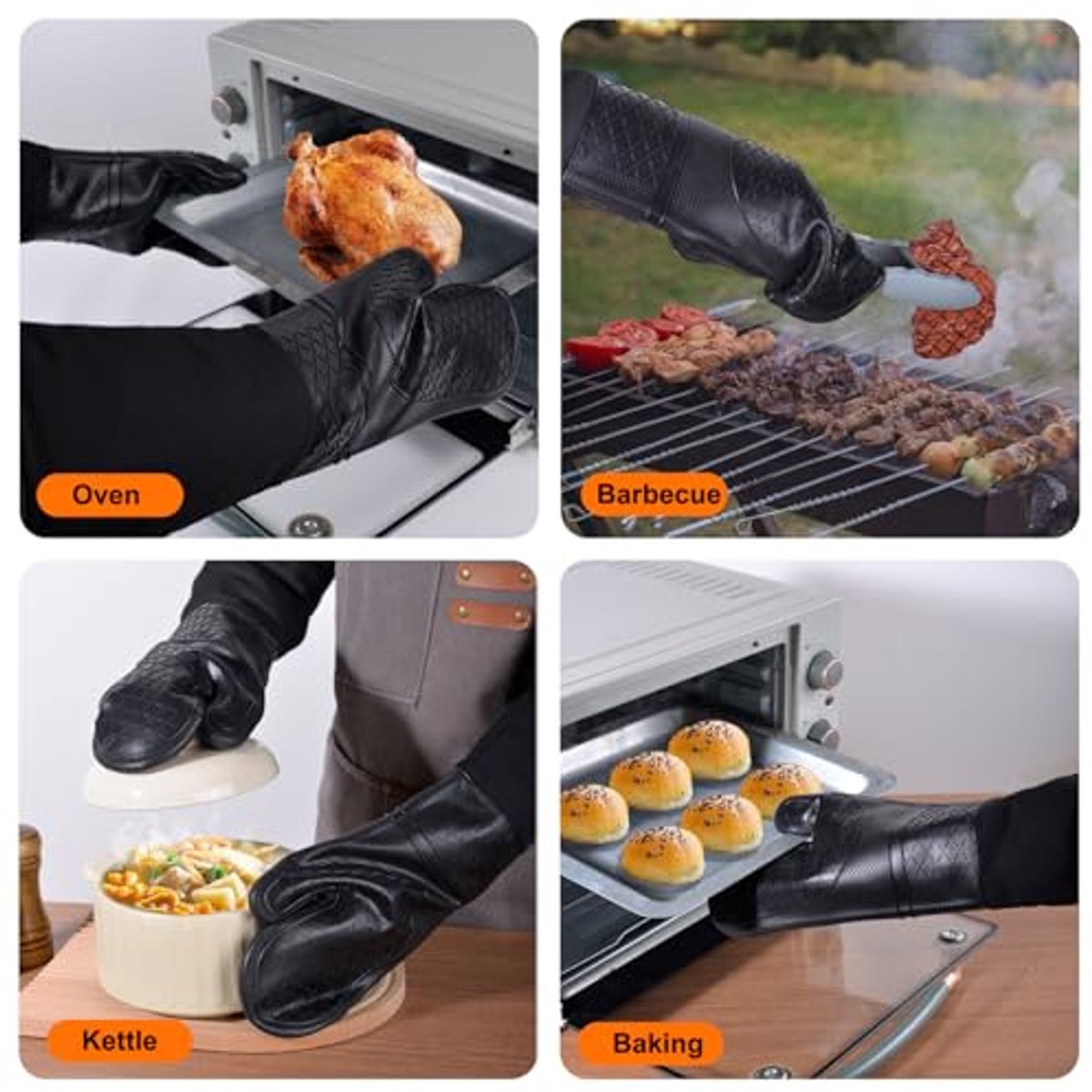 Extra Lange Silikon Ofenhandschuhe, Hitzebeständig, Gepolstert Mit Rutschfester Oberfläche, Zum Grillen, Backen, Kochen Und Barbecue 1 Paar, 40 C