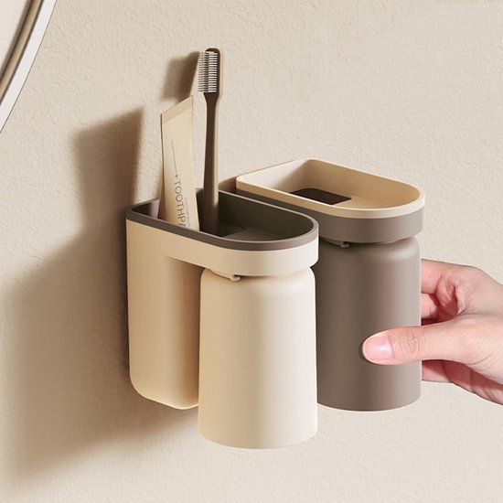 Innovativer Zahnbürstenhalter Leichter Luxus Ohne Löcher Mundspülbecher Zahnbürstenhalter Wand Wc Schrank Karamellbraun + Beige Weiß (2 Stück)