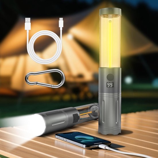 Wiederaufladbare Campinglampe Und Taschenlampe Mit 2 X 1,6 Stufigem Led Teleskoplicht, Usb Ausgang, Lcd Bildschirm, Wasserdicht Nach Ipx4, Für Ca