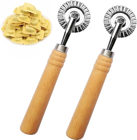 2 Teiliger Ravioli Ausstecher Mit Walzenrad Runde, Geriffelte Form Holzgriff Für Hausgemachte Pasta 4 Cm
