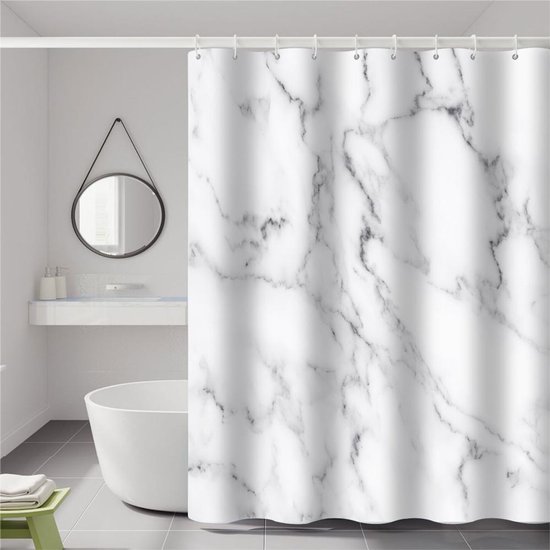 Duschvorhang Set In Grau Weißer Marmoroptik Mit 12 Haken, Moderner Luxus Duschvorhang In Grau Weißer Marmoroptik Für Das Badezimmer, Wasserdichte
