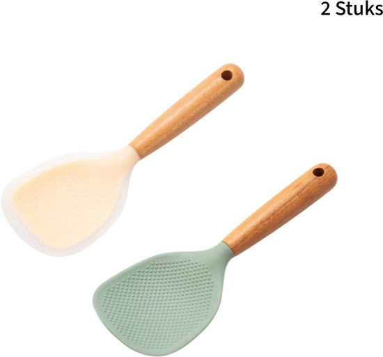 2 Silikon Reislöffel Mit Holzgriffen Antihaftbeschichtet Hitzebeständig Für Den Täglichen Gebrauch Orange Und Grün
